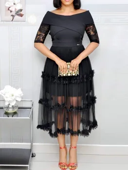 

Lace Appliques Illusion Women Dresses Sexy Off Shoulder Elegant Prom Party Aline Mesh Corss-belt Half Sleeve Fashion Retro Dress