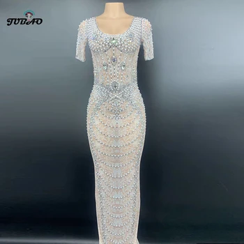 

Sparkly Rhinestone pearl Crystal short sleeve See through Women mesh Nightclub Party Outfit Singer Dance Stage Costume wedding