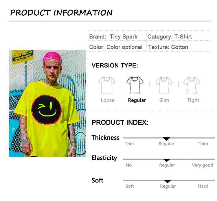 T Shirt Streetwear Men Smile Face Print Hip Hop T-Shirt Oversize Harajuku Tshirt Short Sleeve Cotton Yellow Tops Tees Loose