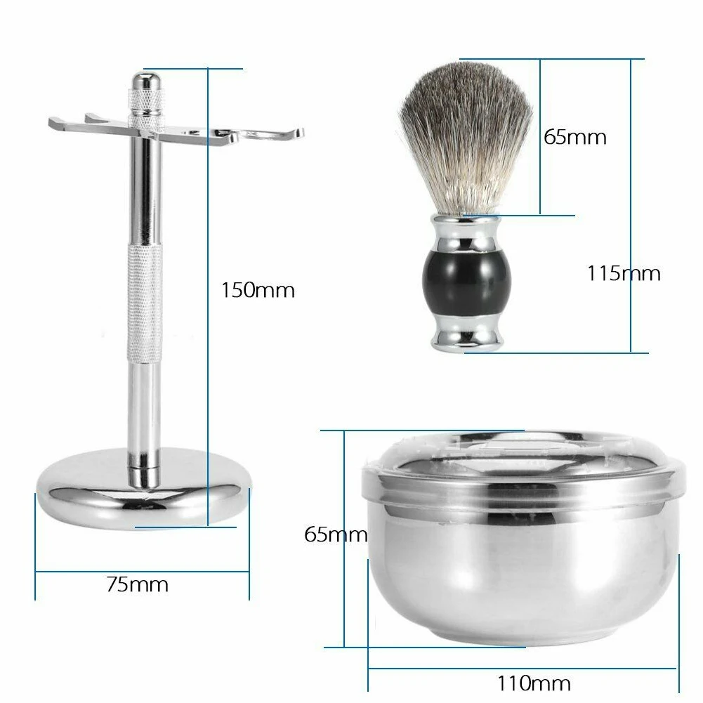 Men Facial Cleaning Shaving Kit Beard Brush Professional Stand Holder Bathroom Soap Bowl Hair Removal Manual 3 In 1 Home Alloy