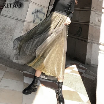 

XITAO Mesh Fashion Skirt Fashion New 2020 Spring Elastic Waist Patchwork Small Fresh Loose False Two Piece Casual Skirt XJ3046