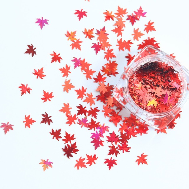 box with 12 styles of color laser maple leaf nail sequins Holographic Metallic Leaf Glitter Sequin Nail Art Patch Decoration