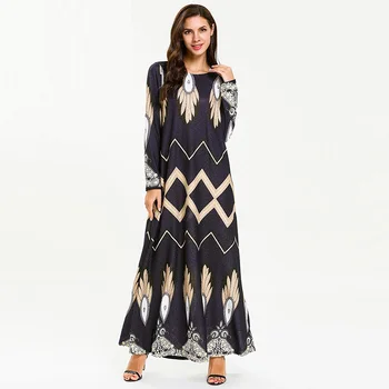 

European and American fashion stretch large size women's printing long sleeve thin section wave pattern dress Muslim mosque dres