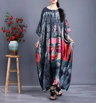 

Oversized Dress Summer Woman 2020 New Lady Fashion Loose Printed Round Neck Middle-aged Mother Large Size Dress Mid-Calf Length
