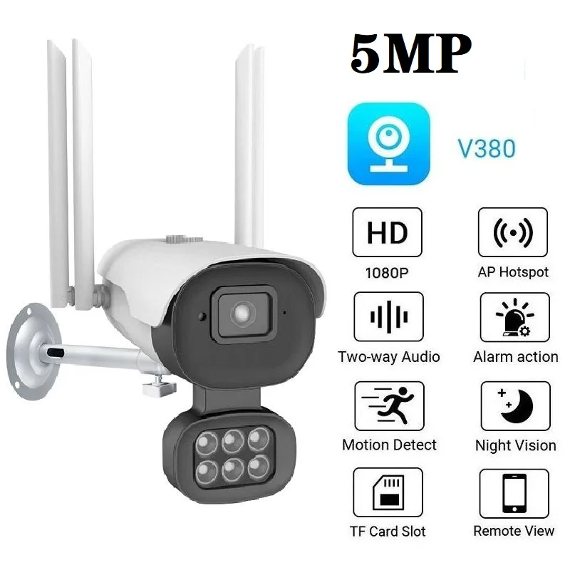Two-Way Audio 5MP WiFi IP Camera Outdoor Wireless Night Vision CCTV Bullet Security TF Card Slot V380 | Безопасность и защита