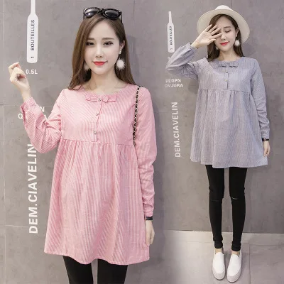 

Maternity Clothes 2019 Autumn New Style Stripes Cotton Linen Tops Mid-length Loose And Plus-sized Pregnant Women Dress