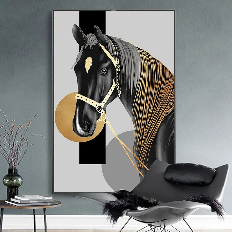 

Modern Black Horse Gold HD Posters Canvas Wall Art Painting Print and Picture for Living Room Gallery Interior Home Decorative