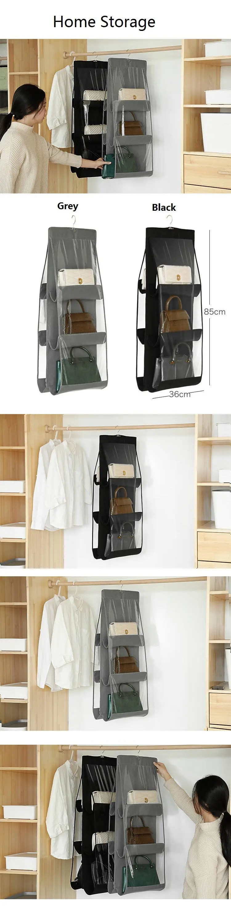 6 Pockets Hanging Purse Organizer Dustproof Transparent PVC Windows Hanging Bag Wardrobe Closet Handbag Hanger Home Storage Bag