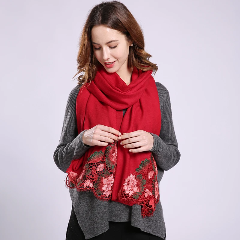 Women Wool Scarf New Red Warm Shawl Wraps Flower Pashmina Bride Bridesmaid Shawl Winter Warm Embroidery Wool Scarves