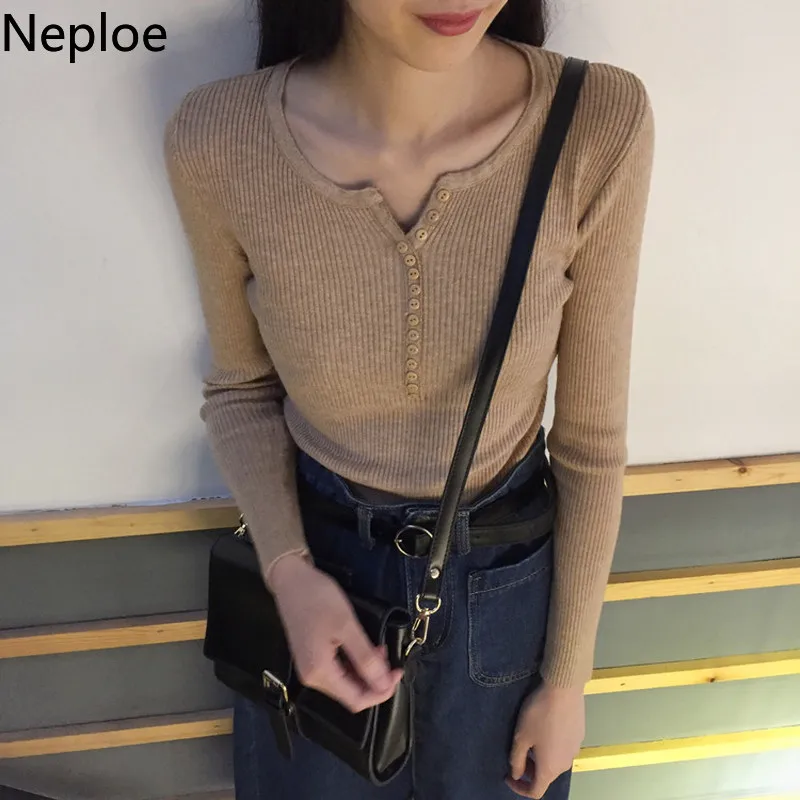 Neploe 2021 Autumn Button V Neck Sweater Women Basic Slim Knitted Pullover Sweaters High Elastic Knit Jumper Lady | Женская одежда