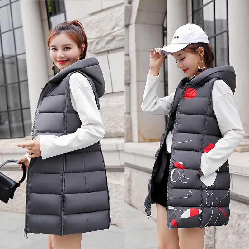 

2018 autumn winter new for women zipper cotton vests Female long hooded printing Big pocket jacket parkas