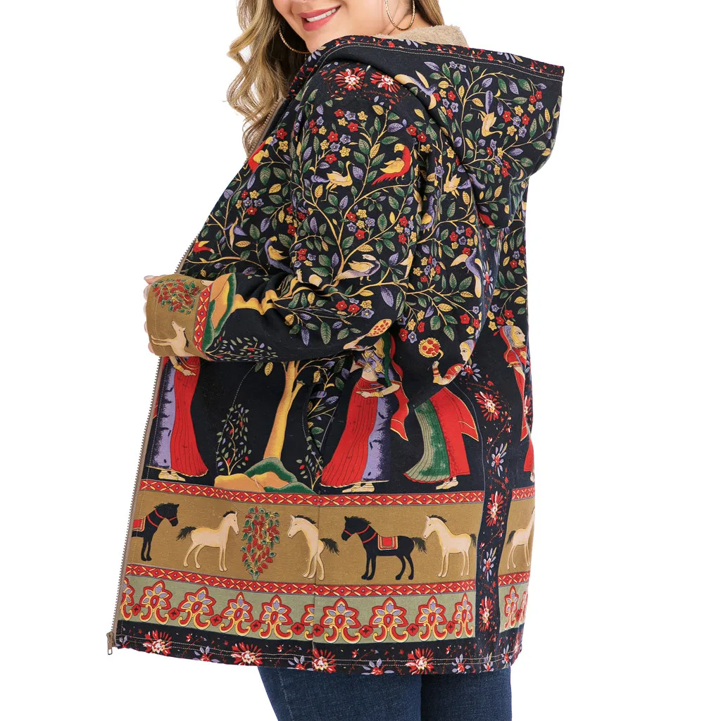 amazing  Womens Coat Winter Warm Outwear Floral Print Hooded Pockets Vintage Oversize Female Coats Women's C