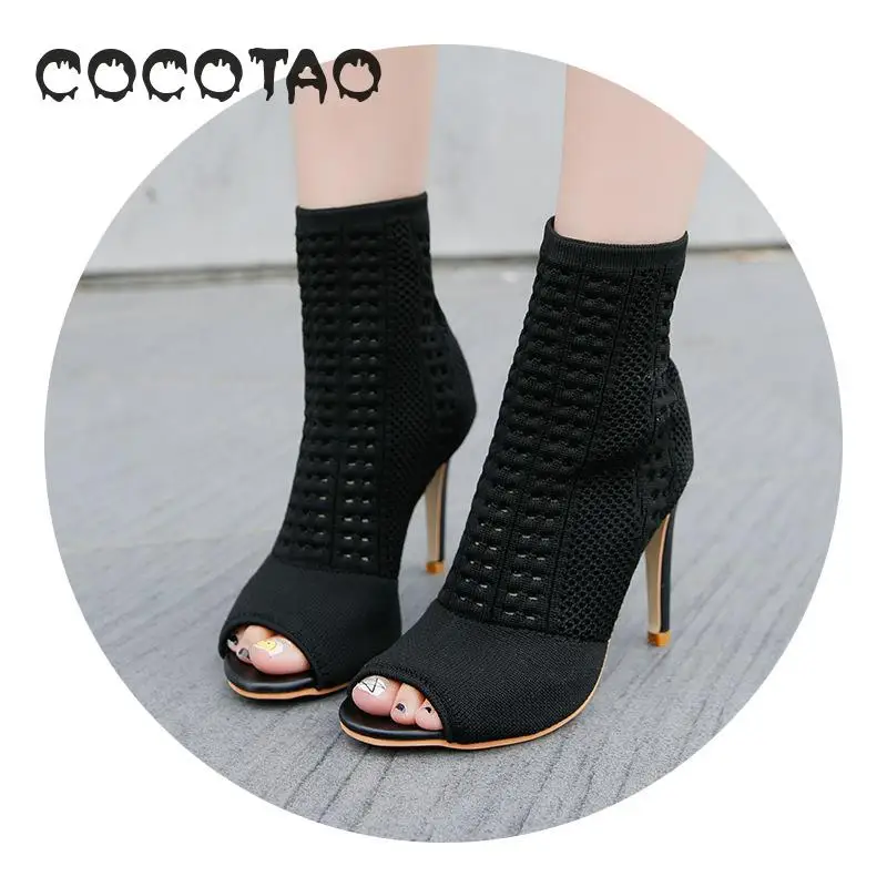 Новые модные вязаные ботинки на высоком каблуке с открытым носком весенне-Осенние эластичные носки с открытыми пальцами шерстяные сетчатые Cool6