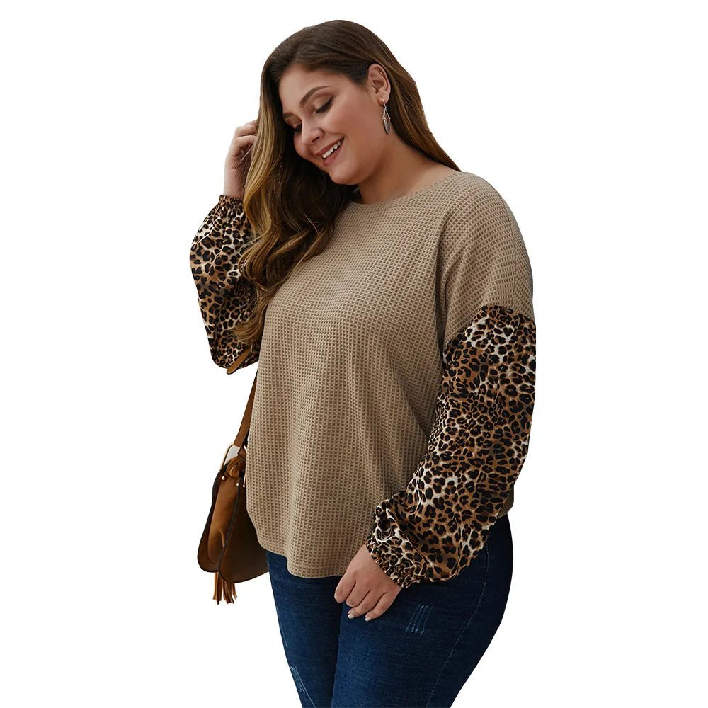 Осень-зима, топы размера плюс для женщин, вязанная рубашка с длинным рукавом, свободный свитер с круглым вырезом, пуловер леопардовой расцветки, цвета хаки, 5XL 6XL 7XL 8XL
