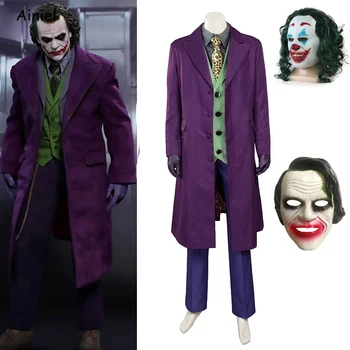 

Halloween Batman Joker Horror Cosplay Party Dark Knight Heath Ledger Joker Purple Coat Costume Clown Mask Adult Jacket Full Set