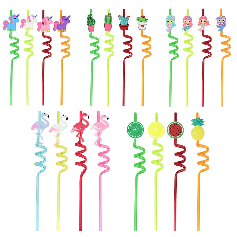 4Pcs Cartoon Flamingo Unicorn Mermaid Plastic Straw Reusable Drinking Straws Kids Favor Birthday Party Decoration Supplies