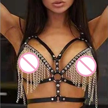 

Fashion Leather Harness Set Metal Chain Hollow Out Cage Bra Tops Punk Goth PU Body Bondage Black Night Club Rave Costumes