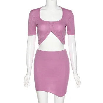 

2020 Summer Women New Short Sleeve U Neck T Shirt High Waist Hip Bodycon Skirt Fashion Slim Two Piece Set