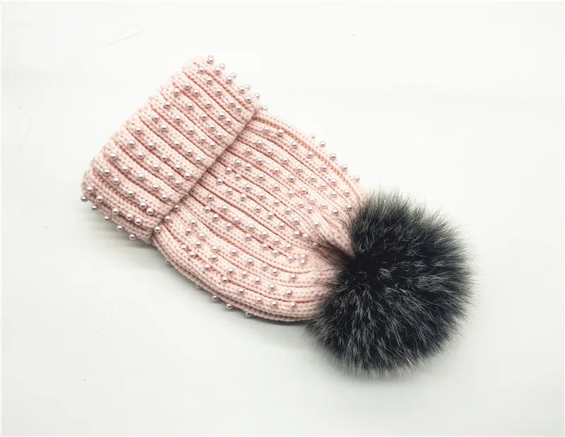 pink and fox pom Зимний женский природный енот, Меховые помпоны, вязаные шапочки, стразы, бусины, жемчуг, Skullies, для девочек, натуральный мех, вязаные шапки, шапка - Цвет: pink and fox pom