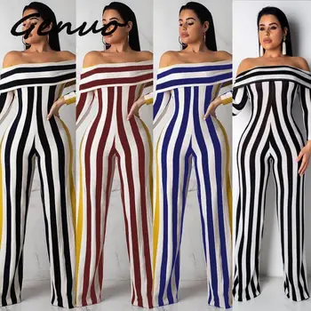 

Genuo New 2019 Women Sexy Slash Neck Striped Jumpsuit Off Shoulder Long Sleeve Wide Leg Pants Romper Overalls Party Clubwear
