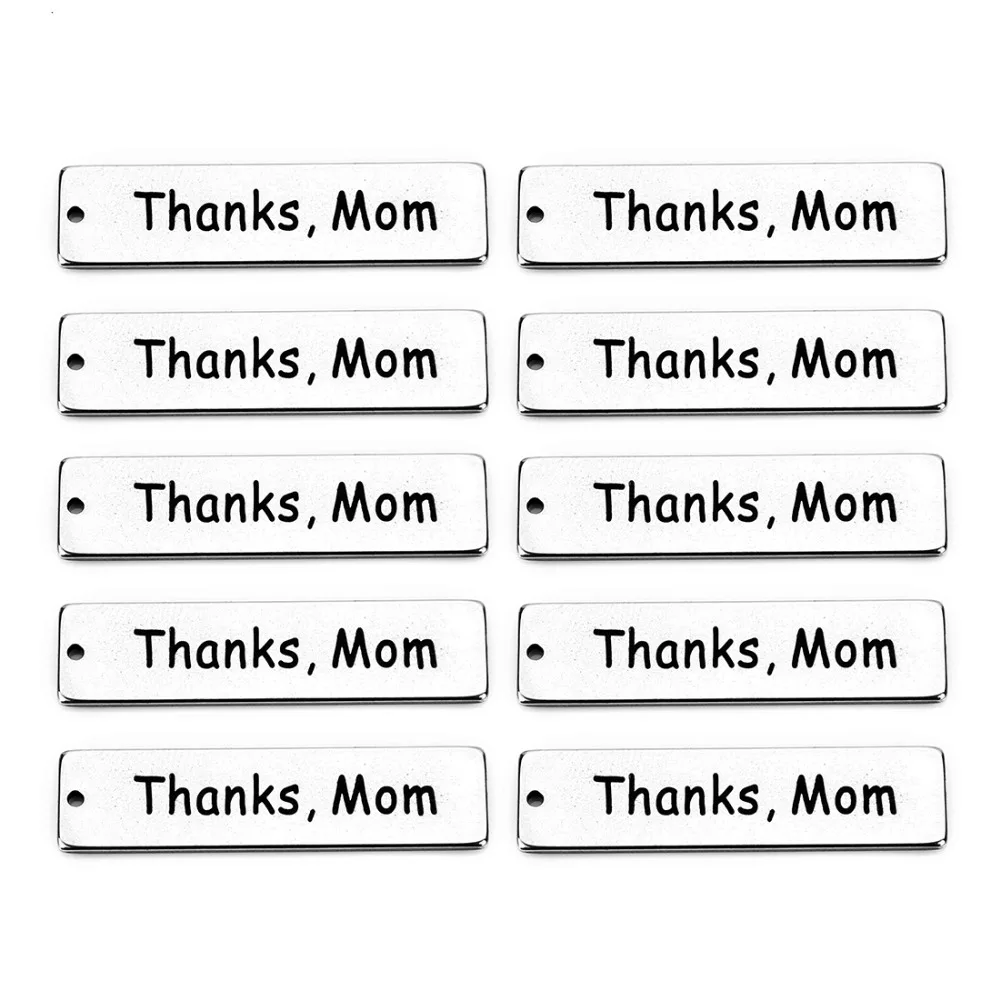 T0035A,不锈钢刻字“thanks mom”长方形吊坠，大约10X40mm