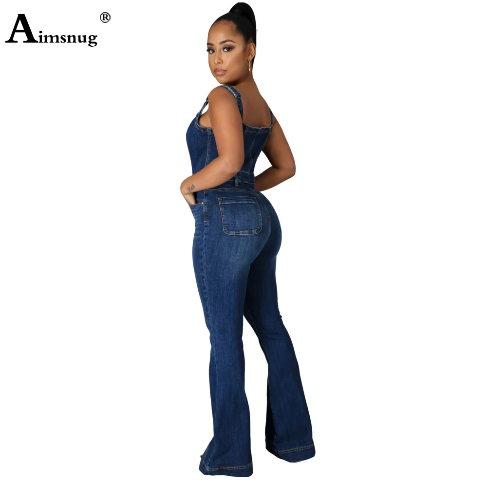 Aimsnug Plus Size Women Fashion Jeans Demin Jumpsuit Sexy Flare Pants Dark Blue Denim Bodysuits 2021 Single-Breasted Overalls