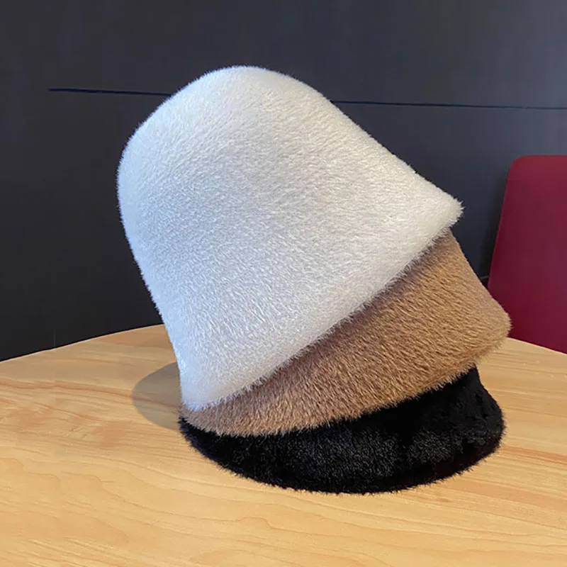 

Korea Winter Faux Mink Bucket Hats Women Solid Dome Fishing Caps Outdoors Warm 7 Colors Black All Match Sun Hat Casual 55-59cm