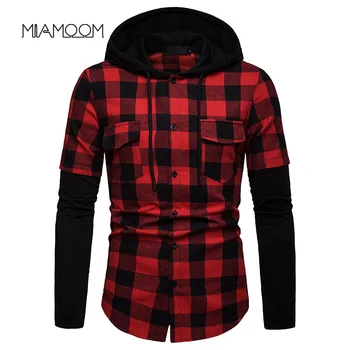 

MIAMOOM Shirt Men's Business Casual Spring and Autumn Cuff Stitching Double Pocket Hooded Long Sleeve Shirt