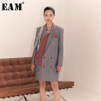 

[EAM] Loose Fit Gray Pattern Print Split Joint Long Jacket New Lapel Long Sleeve Women Coat Fashion Spring Autumn 2020 1B902