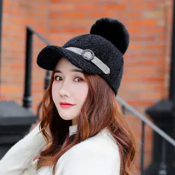 

cashmere knitted bseball hat diamond stripe decoration baseball hat autumn winter pom poms baseball hat