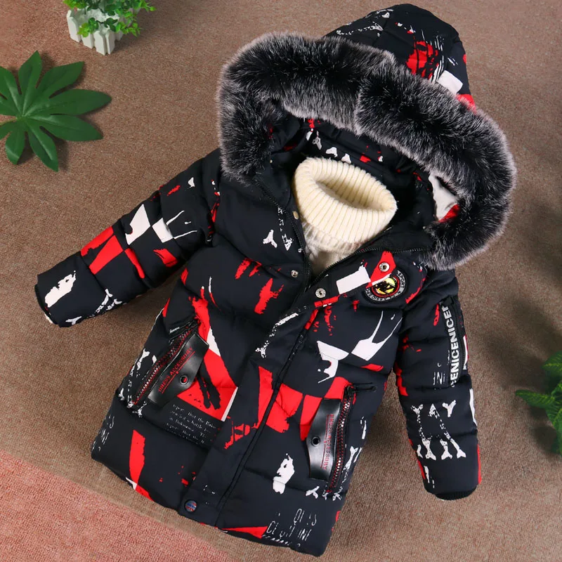 

Children's Winter Camouflage Cotton Padded Coat Little Kids Printing Jacket With Fur Hood Boys Wadded Outerwear Overcoat B396