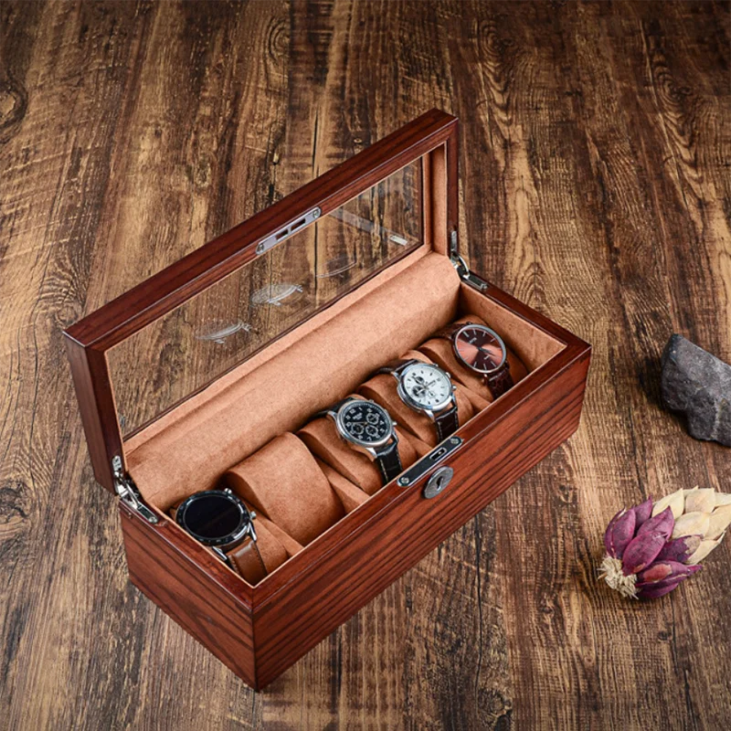 Nordic Luxury 5 Slots Watch Box Organizer Wooden Watch Box Case Wood Brown Storage Mechanical Display Box with Lock Gift 