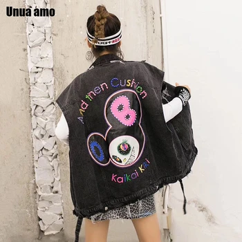 

Unua amo Harajuku Sleeveless Jacket Women Fashion Letter Rhinestone Design Vintage Washed Jeans Waistcoat Denim Vest Women