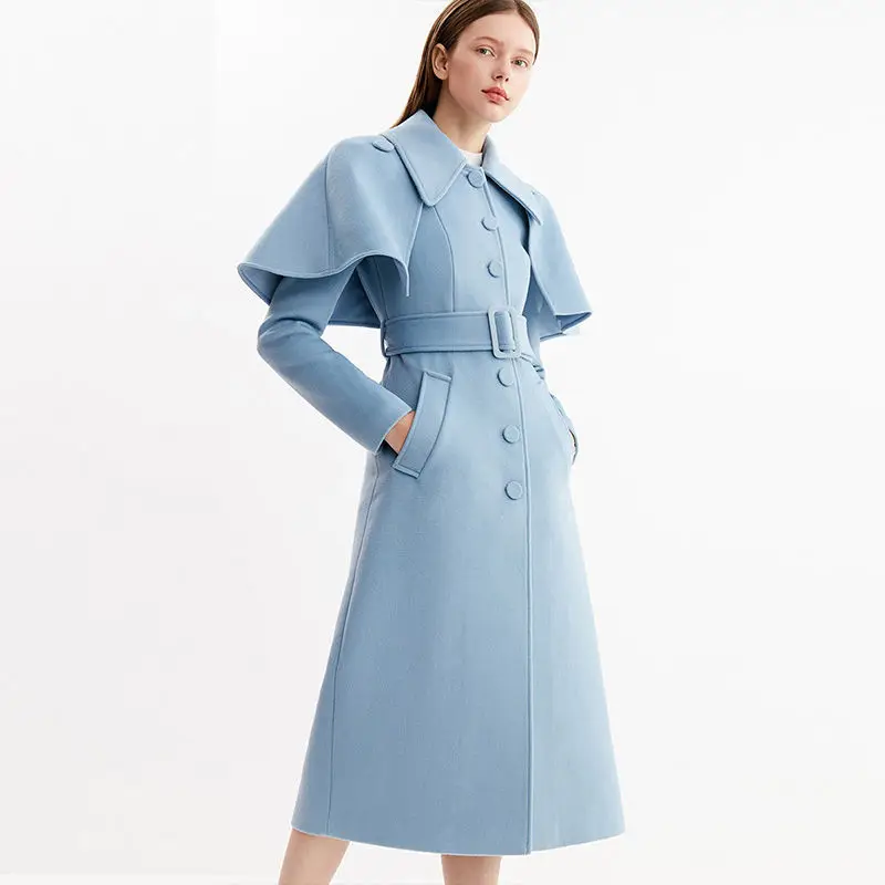 

Autumn Winter Woolen Coat Women New Light Blue Single Breasted Belted Cloak Lapel Slim Temperament Wool Coat Thick Outerwear