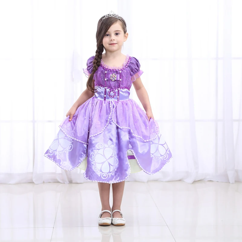 Платье на Хэллоуин; Одежда для девочек; хлопковое платье принцессы Софии с короткими рукавами; платье с блестками; платье для костюмированной вечеринки; фиолетовый костюм - Цвет: 02
