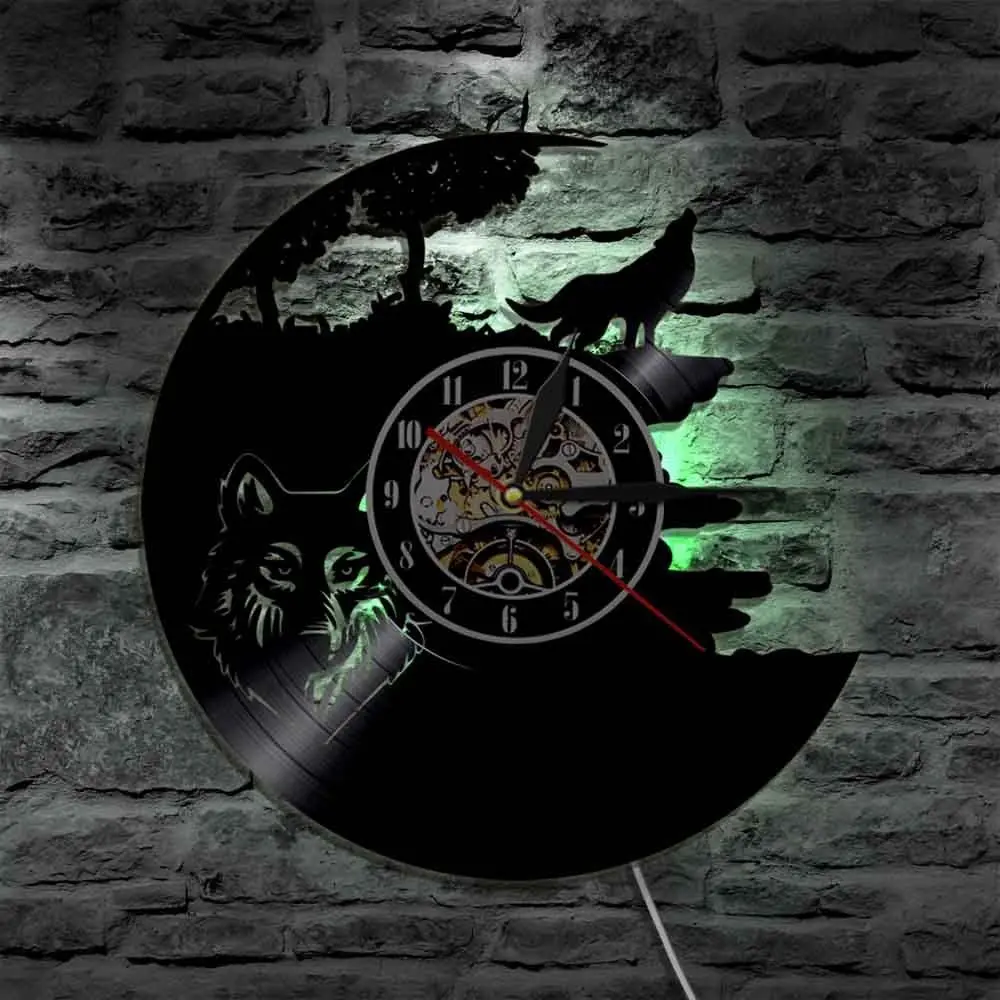 Wolf Vinyl Record Wall Clock Modern Design LED Clocks Backlight Creative Antique Classic CD Wall Watch Home Decor Silent 12 inch