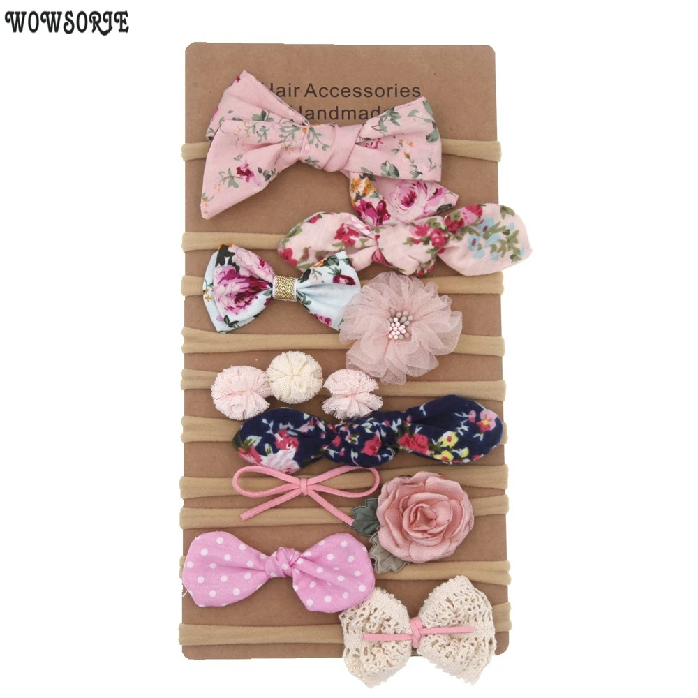 Повязка на голову с бантом и цветами для новорожденных мягкая нейлоновая