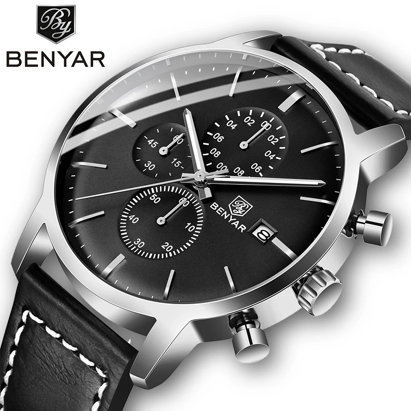 $22.99 New Benyar Men Watches Casual Fashion Chronograph30M Waterproofsport Watches Men Leather