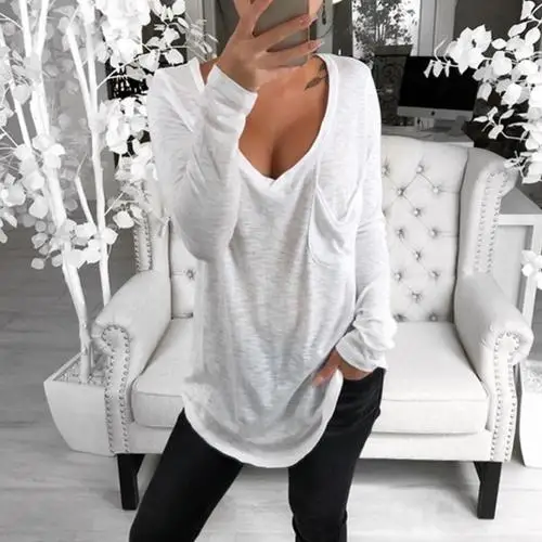 White Модные сексуальные женские футболки, однотонные хлопковые топы с глубоким v-образным вырезом и длинными рукавами, передний карман, свободная туника, женская футболка - Color: White