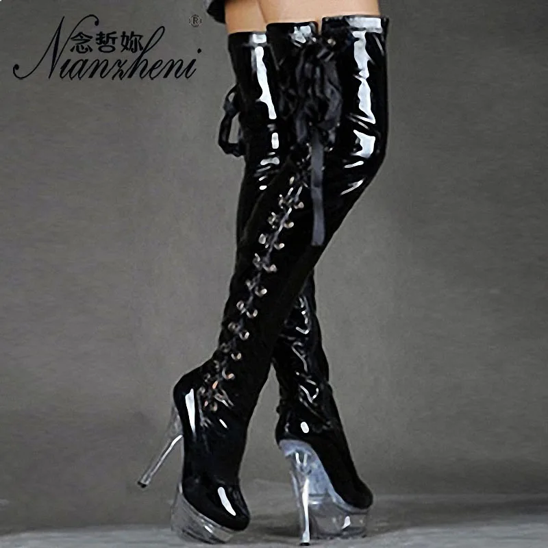 15cm platform Black sexy before wearing ribbons superfine high with knee-high boots sexy Pole Dance shoes 6 inches Crossdresser