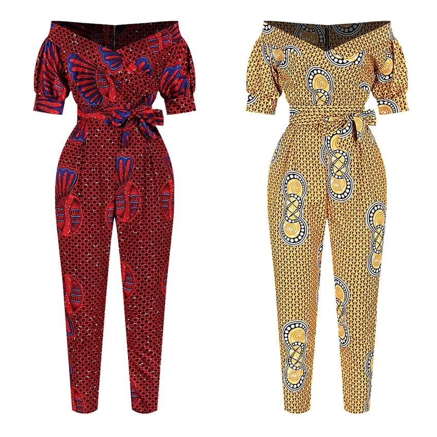

African Dresses for Women 2021 New Ladies Dashiki Print Shoulder Off Ankara Style Trousers Fashion Robe Africaine Jumpsuit Party