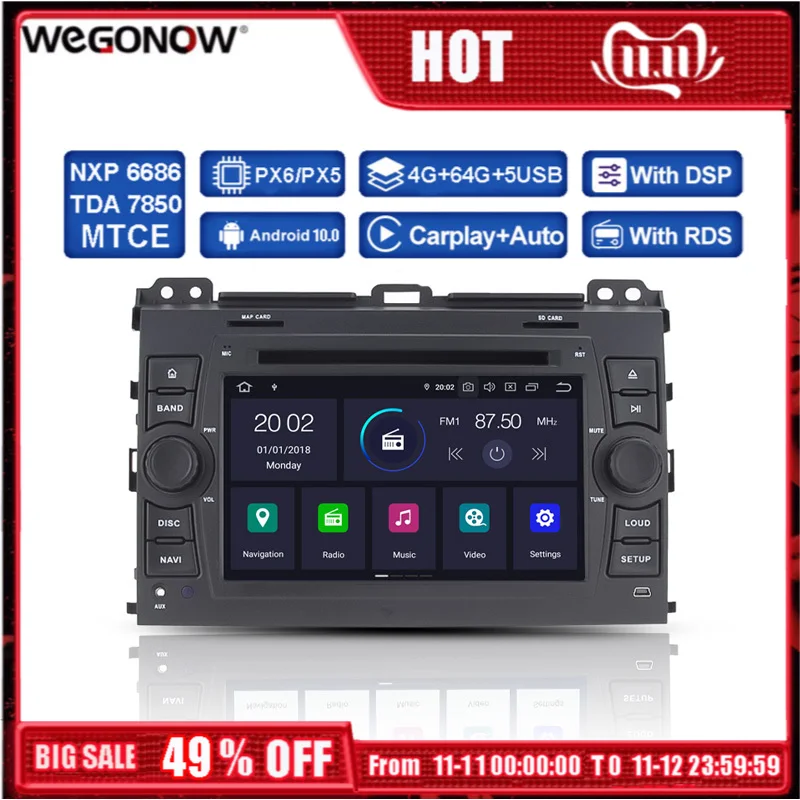 Автомобильный DVD-плеер DSP PX6 IPS Android 10 4 Гб 64 Wifi GPS карта RDS радио Bluetooth 2 для TOYOTA PRADO Cruiser