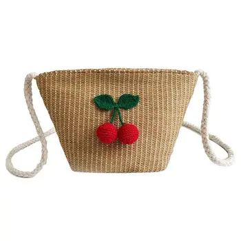 

Straw Woman Bag with Cherry Shoulder bags Beach Girls Small Messenger Rattan Bags Shoulder Wicker Bags Kaki