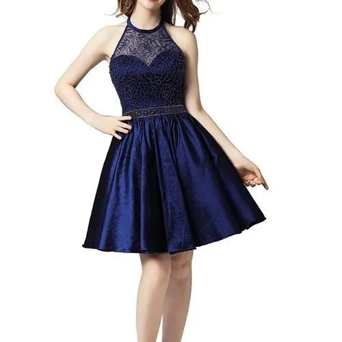 new luckgirls Embroidery print v-neck knee-length dark navy beauty Party Homecoming Dresses