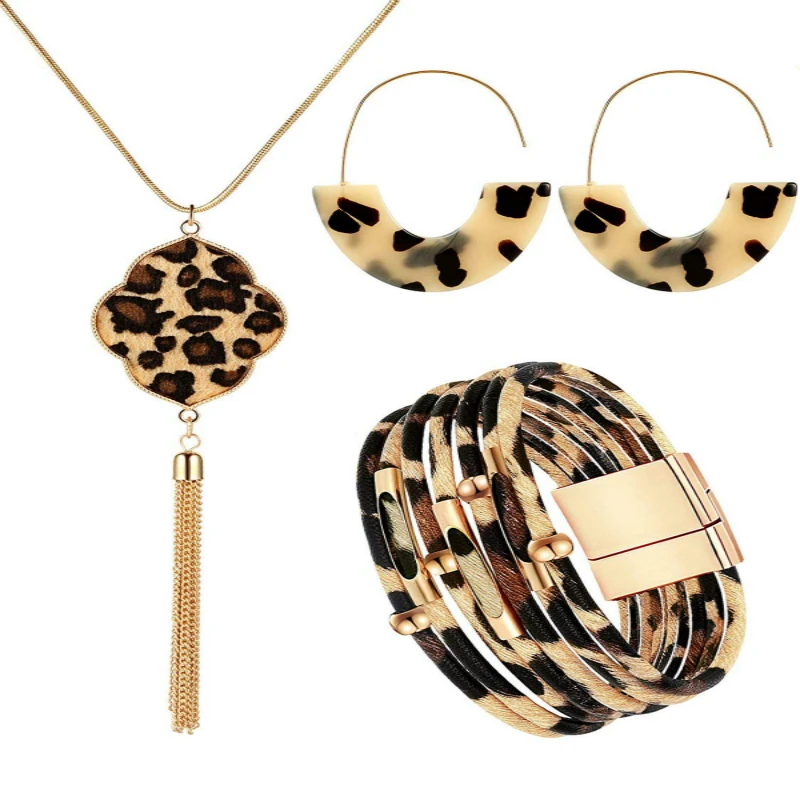3 Pieces Leopard Bracelets Bohemia Earrings Necklace for Women Girls | Украшения и аксессуары