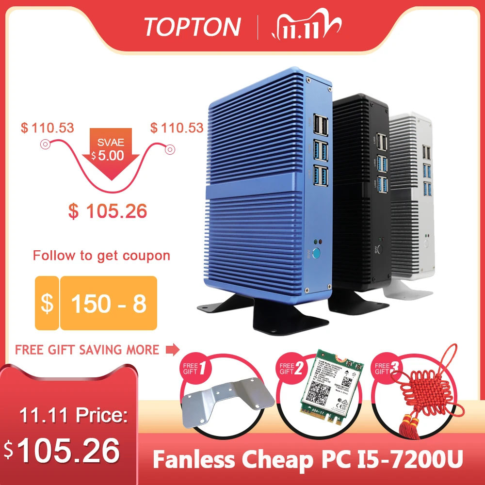 Пк Topton без вентилятора настольный компьютер Intel Nuc Mini i7 i5 7200U i3 7100U DDR3L Windows 10 Linux 4K HTPC