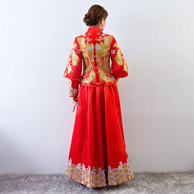 Весеннее красное платье Чонсам с длинным рукавом Вышивка Феникс невесты свадебное традиционное китайское Ципао женское длинное платье Китайский Халат