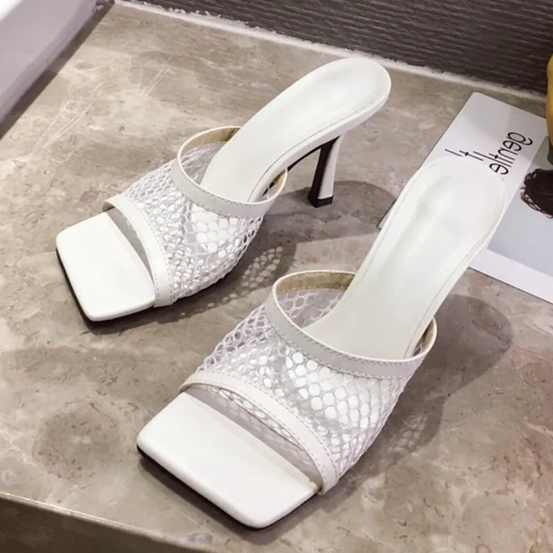 

Mesh New Sexy head Square Peep Toe Slippers Stiletto Summer Fashion Slip On Thin Heels Slides Women Party High Heel Shoe