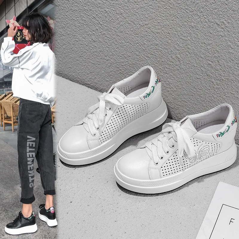 

Inside And Pure Leather 2019 Spring New Style Hollow out Porous White Shoes Women's Genuine Leather Elevator Casual Shoes Embroi