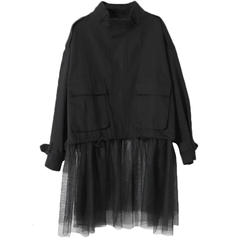 

LANMREM 2019 New Autumn And Winter Turn-down Collar Full Sleeves Mesh Patchwork Short Pocket Work Jacket Trench SHORT WJ43206L